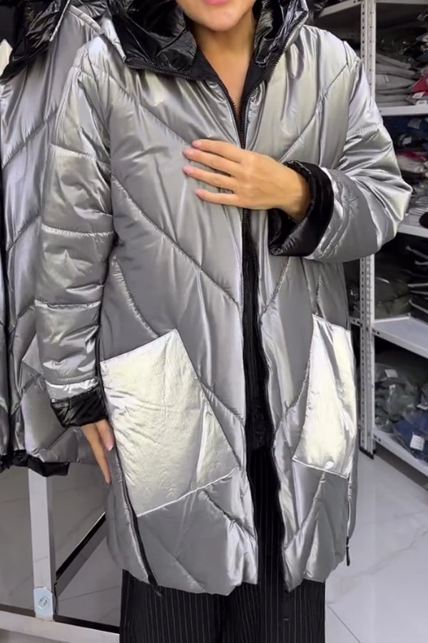 Women Insulated Hooded Metallic Zip-Up Waterproof Coat
