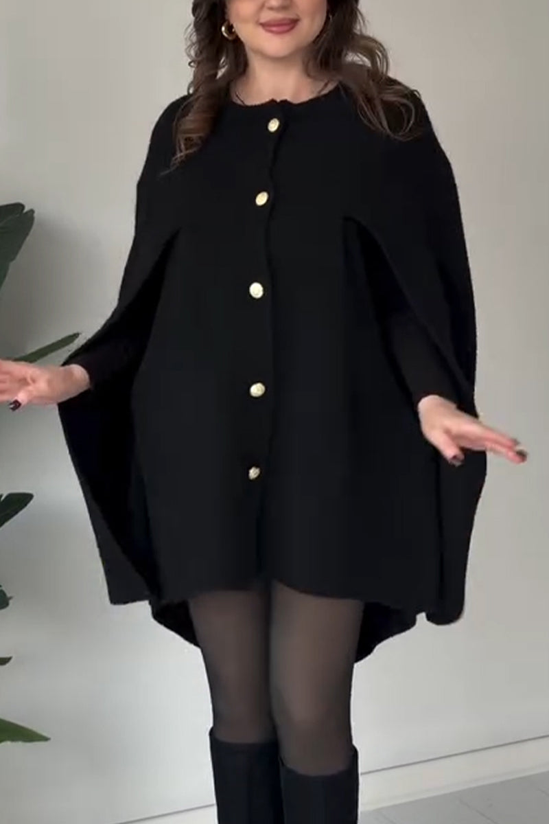 Women Round-Neck Buttoned Hooded Casual Cape Top