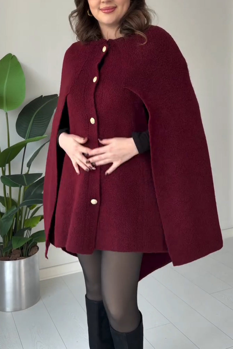 Women Round-Neck Buttoned Hooded Casual Cape Top