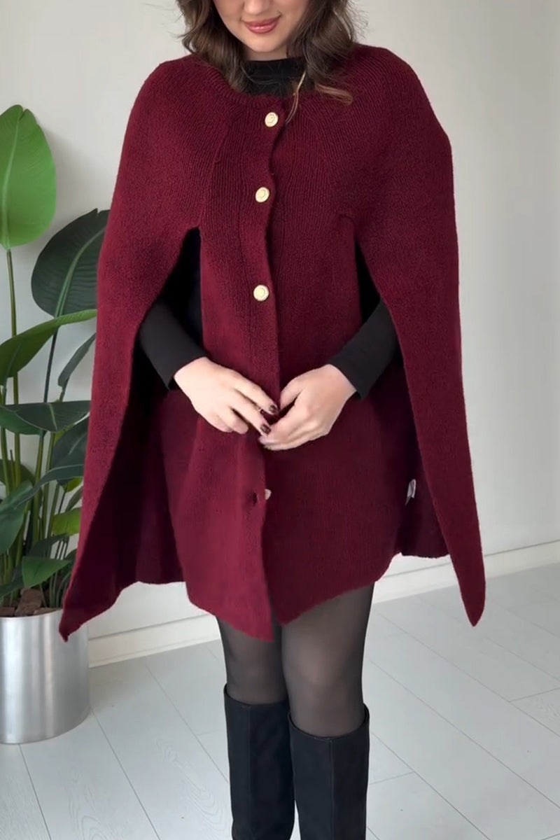 Women Round-Neck Buttoned Hooded Casual Cape Top