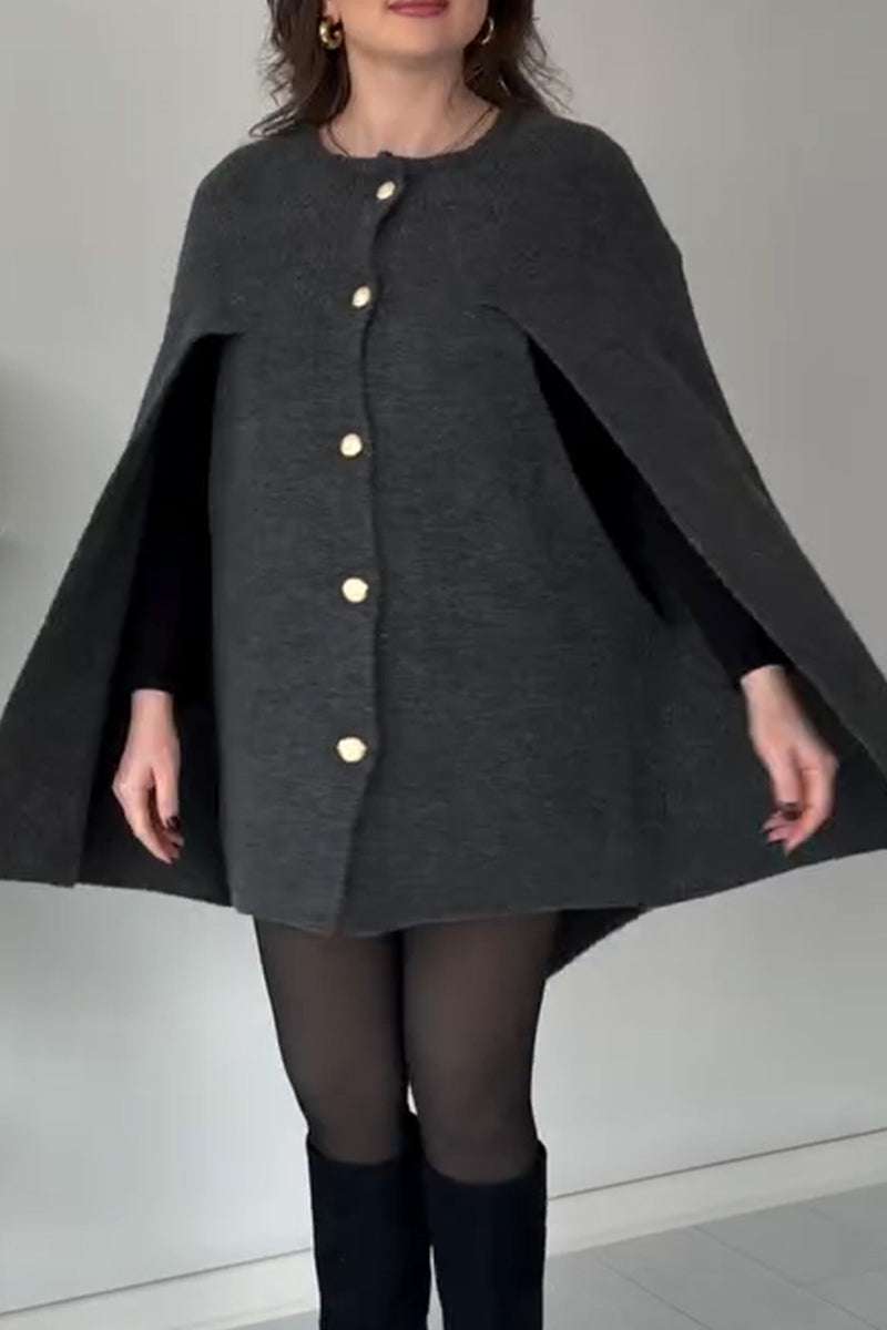 Women Round-Neck Buttoned Hooded Casual Cape Top