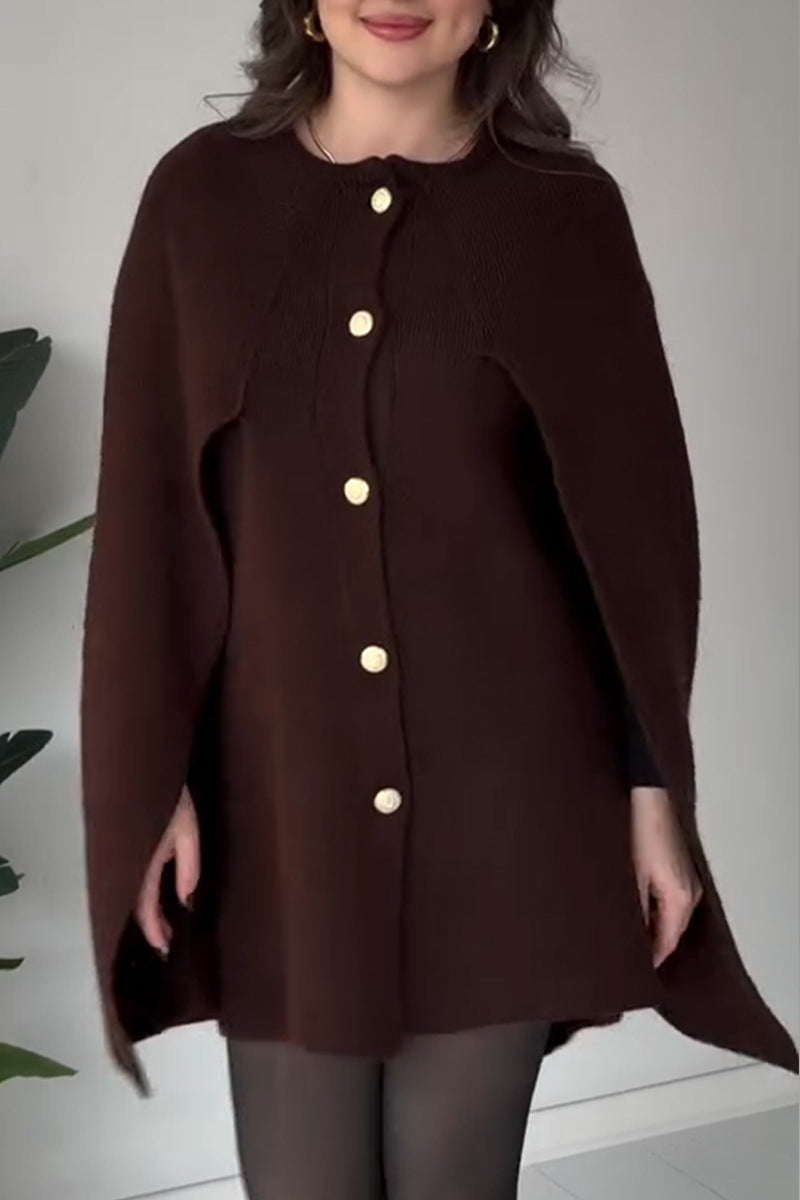 Women Round-Neck Buttoned Hooded Casual Cape Top
