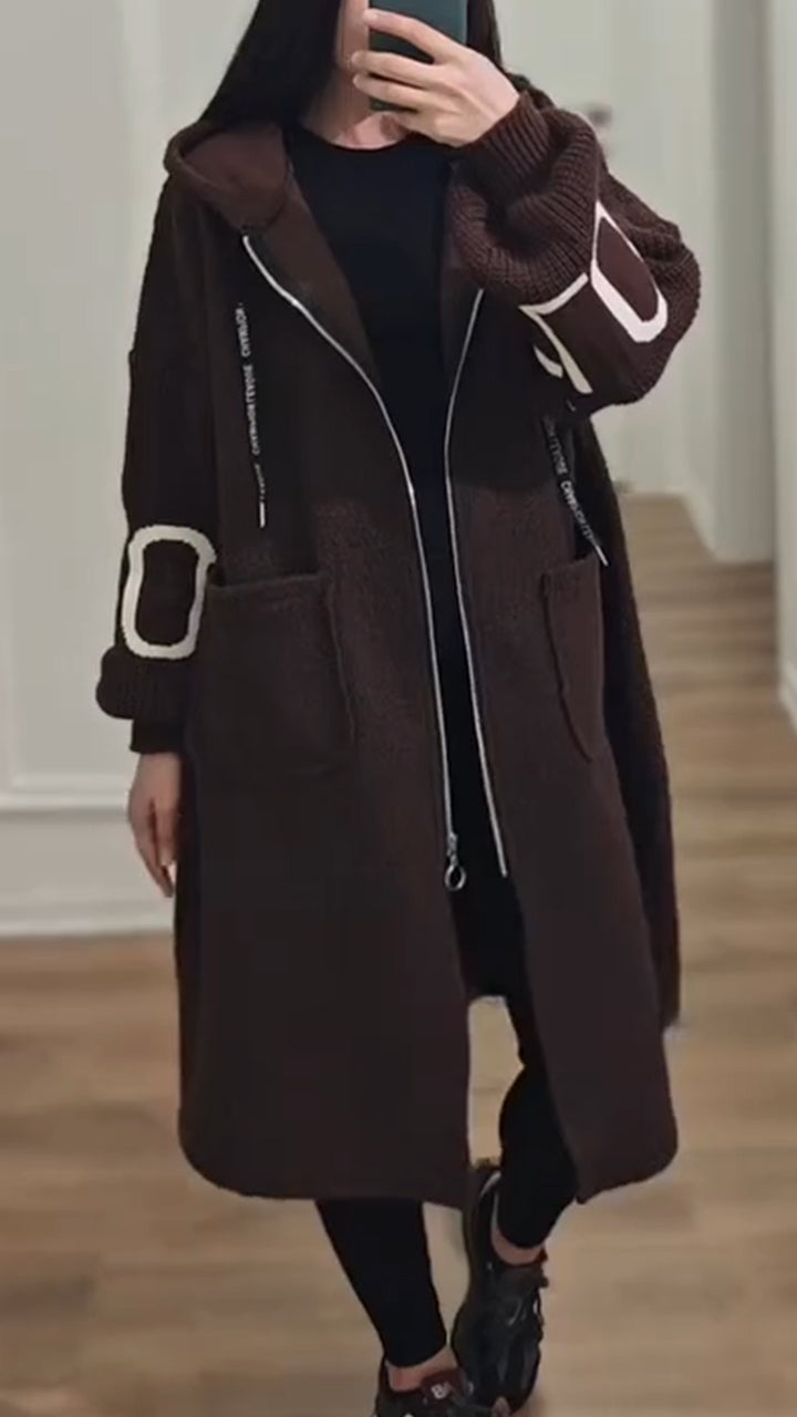 Women Hooded Patchwork Knitted Sleeve Casual Jacket