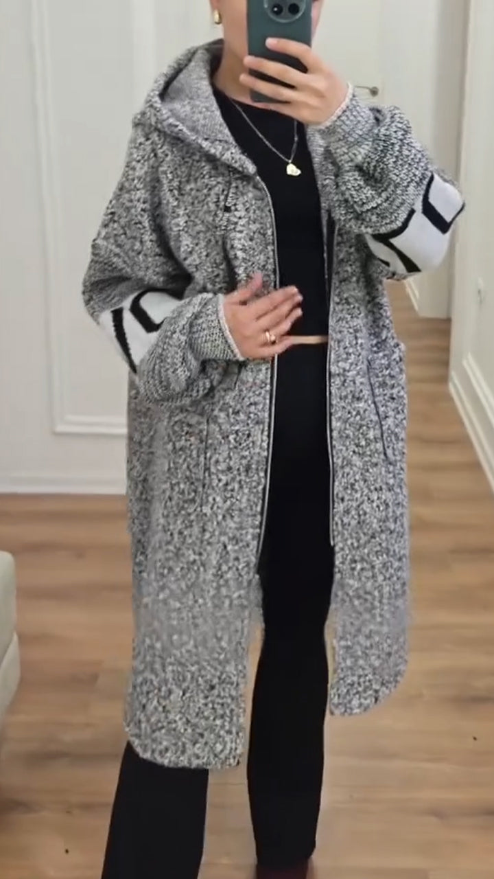 Women Hooded Patchwork Knitted Sleeve Casual Jacket