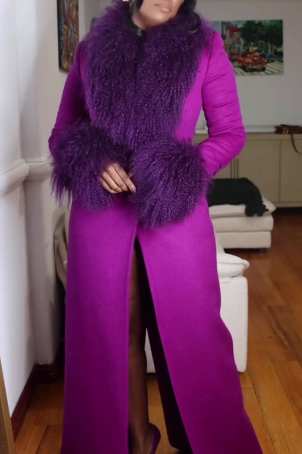 Women Elegant Plush Large Collar Cross-Cuff Slit Slim Fit Coat