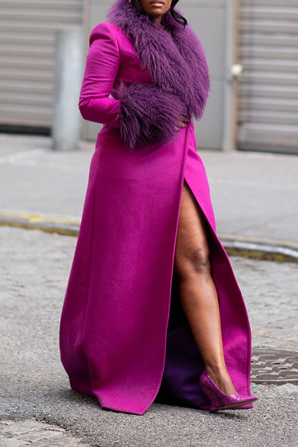 Women Elegant Plush Large Collar Cross-Cuff Slit Slim Fit Coat
