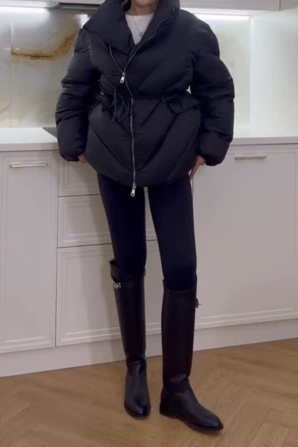 Women Casual High Neck Crossover Zipper Waist Tie Warm Waterproof Coat