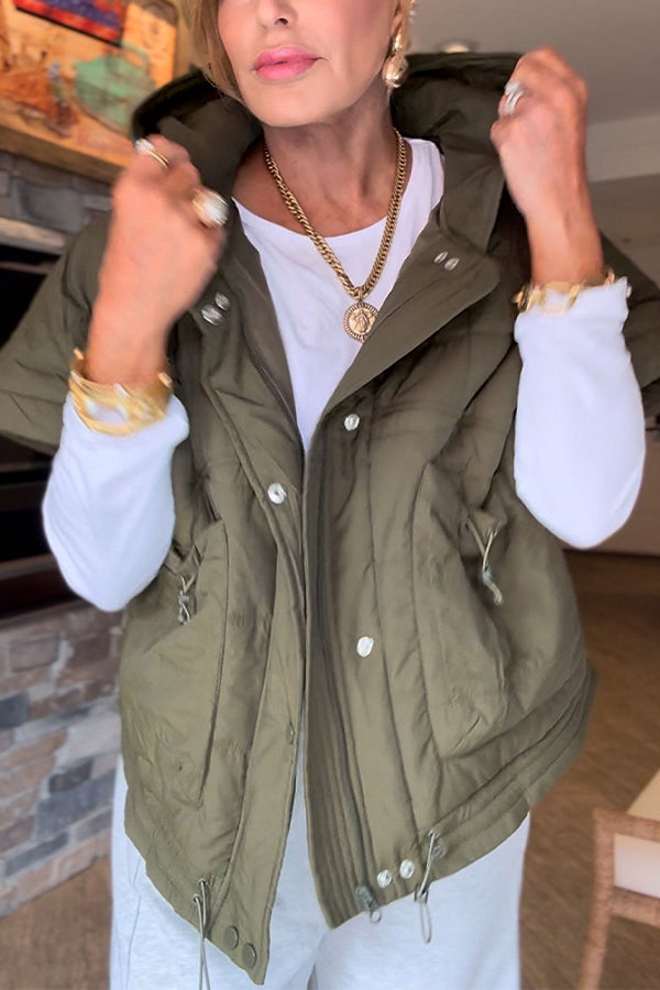 Women Casual Hooded Drawstring Large Pocket Zipper Vest Jacket