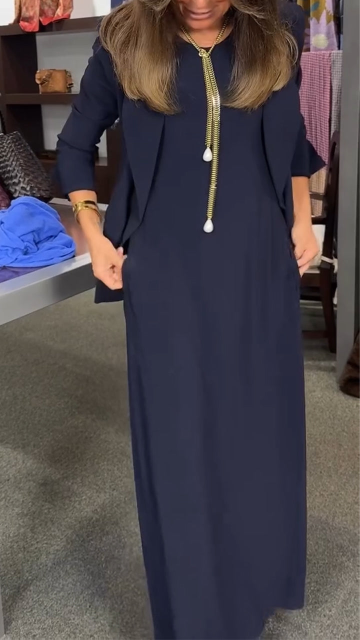Women Inner Dress + Jacket Solid Color Temperament Casual Suit