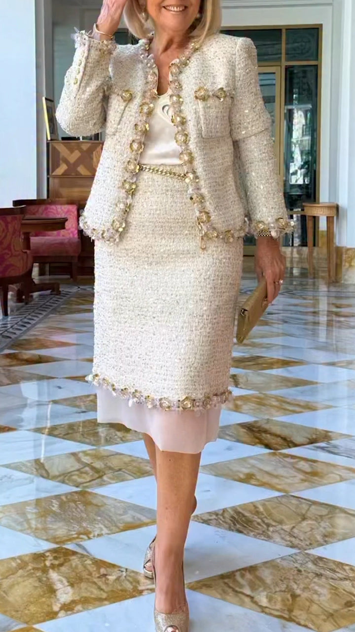 Women Round Neck 3D Flower Jacket + Spliced mesh Skirt Elegant Temperament Casual Suit