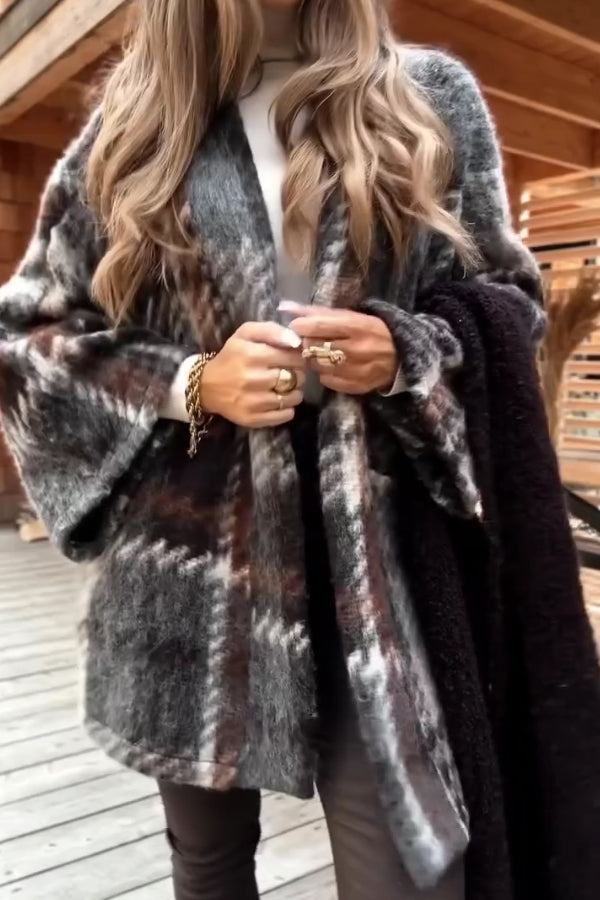 Women Elegant Plaid Oversized Cardigan Jacket