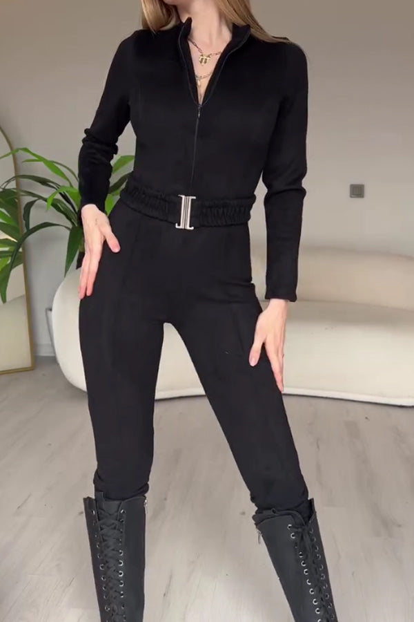 Women Sexy Zippered Waist Slim Suede Jumpsuit