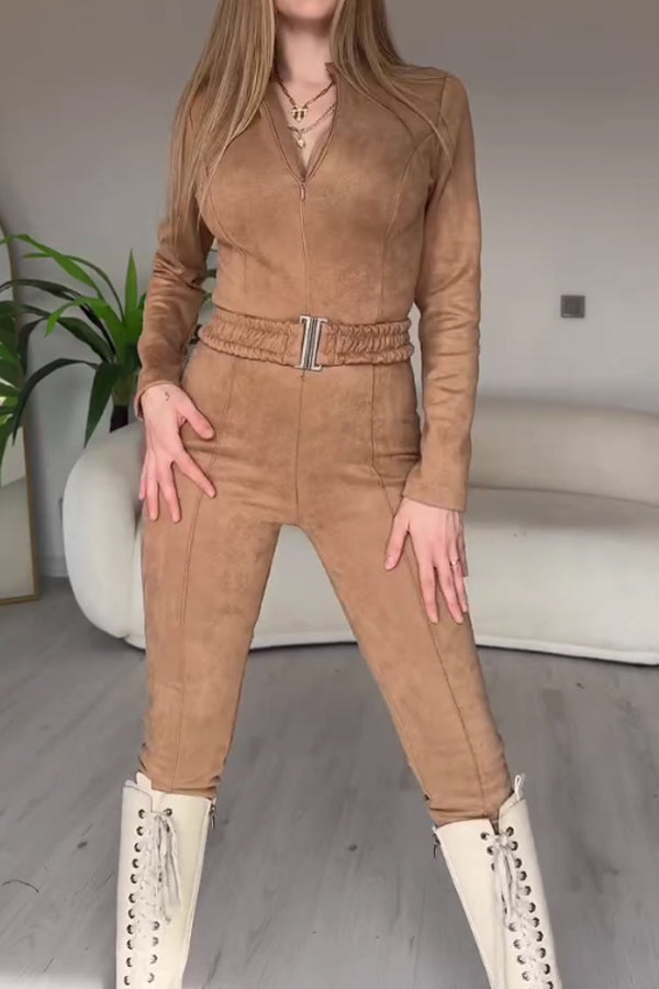 Women Sexy Zippered Waist Slim Suede Jumpsuit