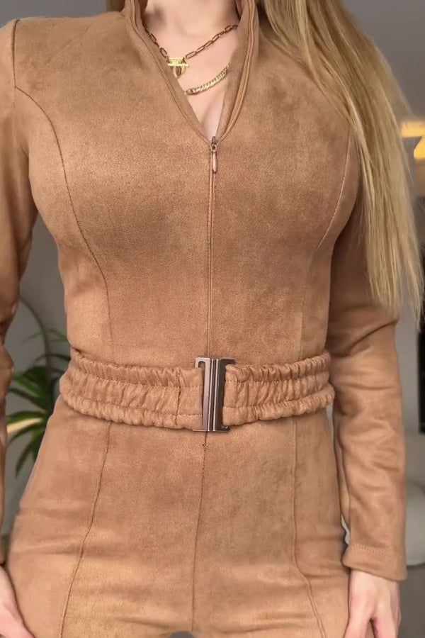 Women Sexy Zippered Waist Slim Suede Jumpsuit