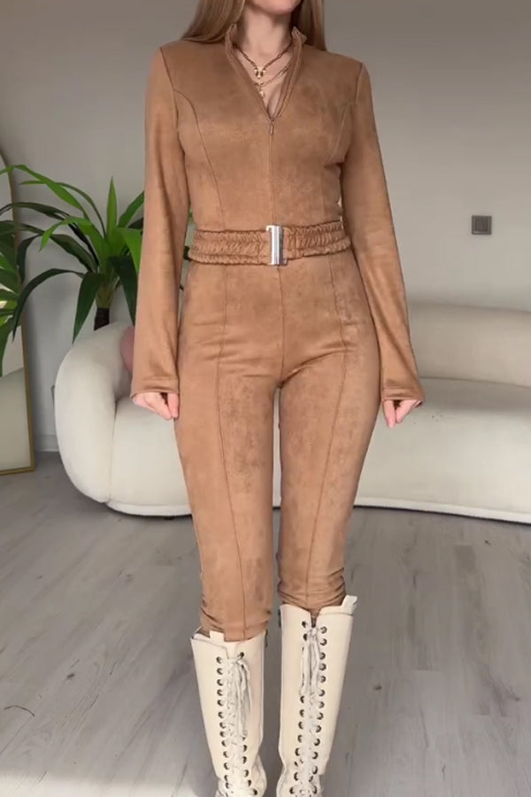 Women Sexy Zippered Waist Slim Suede Jumpsuit