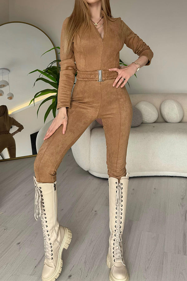 Women Sexy Zippered Waist Slim Suede Jumpsuit