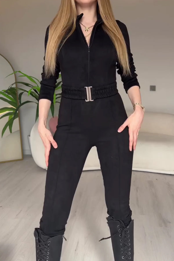 Women Sexy Zippered Waist Slim Suede Jumpsuit