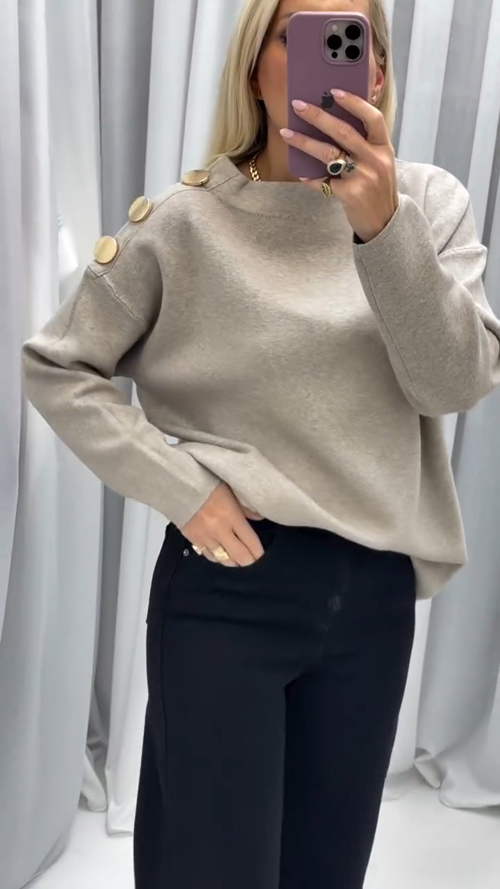 Ladies Round Neck Side Metal Buckle Decoration Casual Top