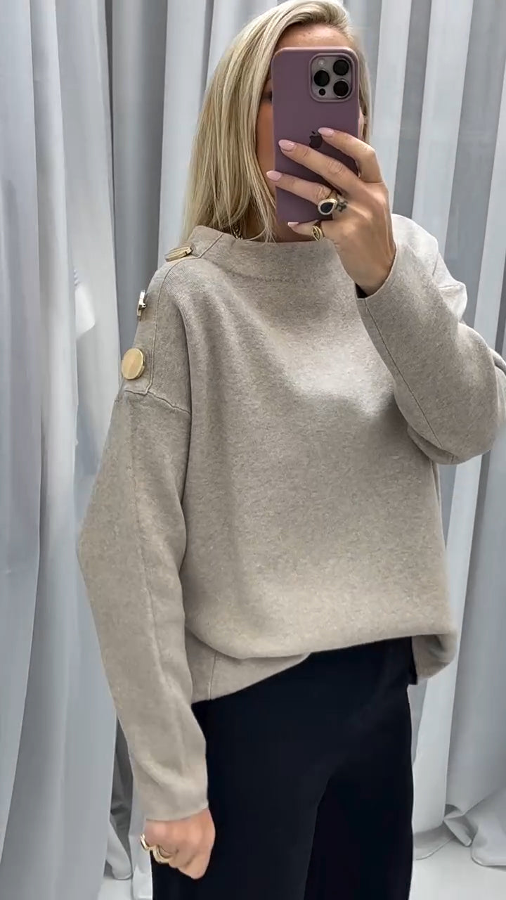 Ladies Round Neck Side Metal Buckle Decoration Casual Top