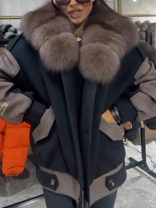 Women Fur Collar Contrasting Casual Cotton Jacket