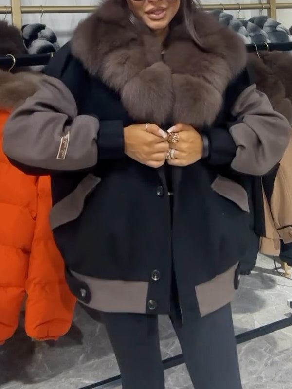 Women Fur Collar Contrasting Casual Cotton Jacket