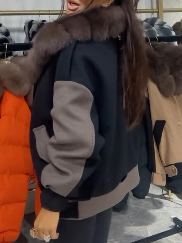 Women Fur Collar Contrasting Casual Cotton Jacket