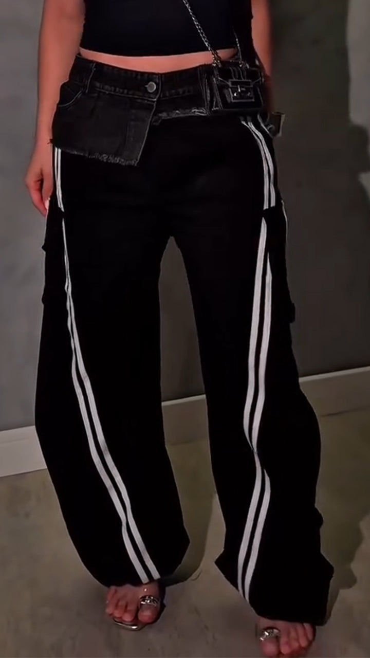 Women Patchwork Denim Vertical Stripe Casual Pants