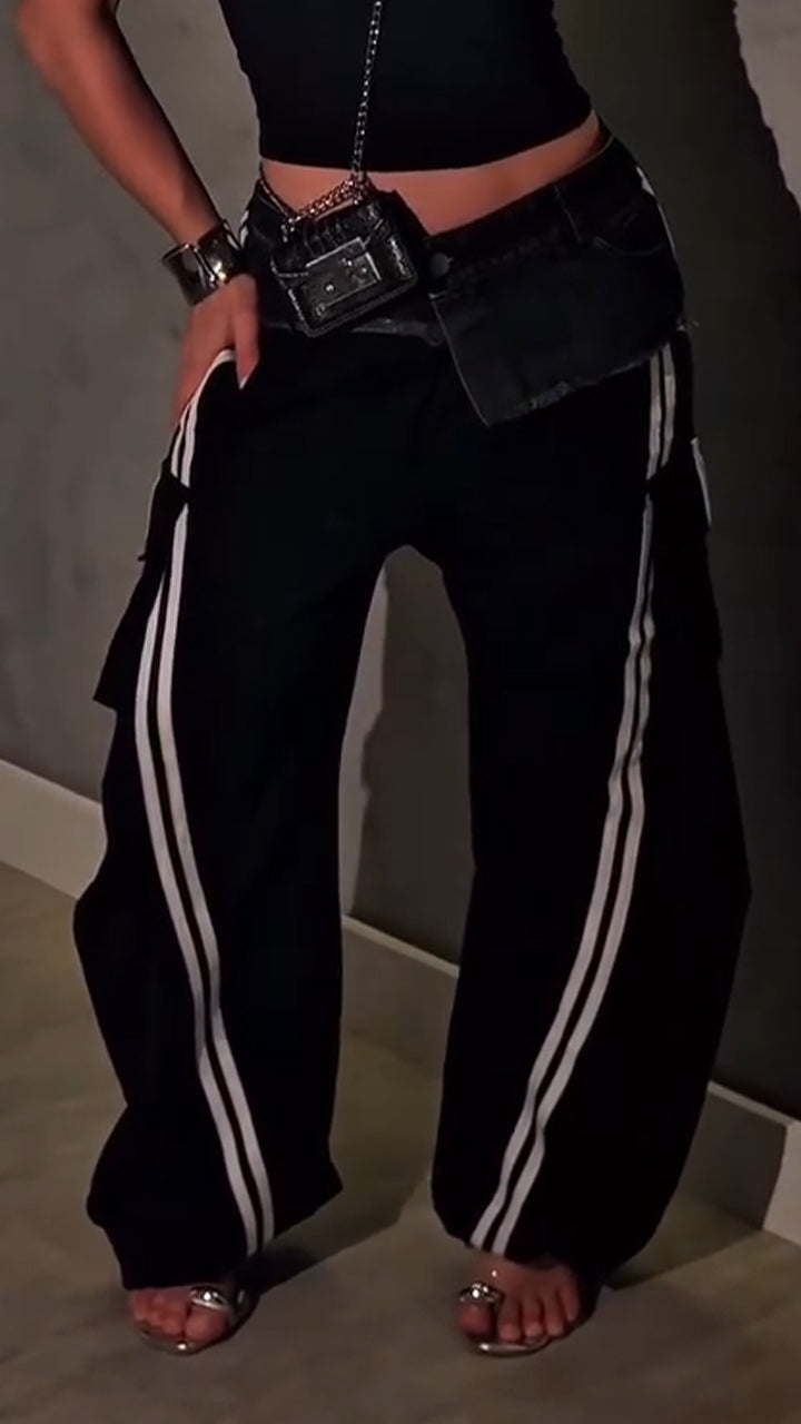 Women Patchwork Denim Vertical Stripe Casual Pants