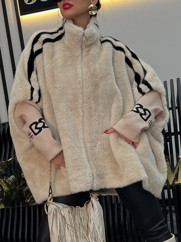 Women Lapel Vertical Striped Patchwork Sleeves Casual Plush Coat