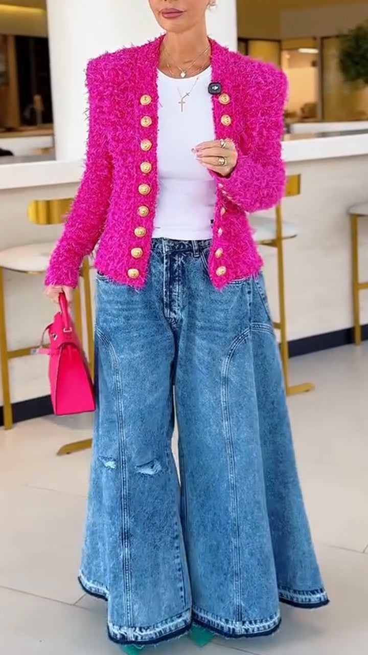 Women Button-down Plush Cardigan + Denim Flared Pants Casual Suit