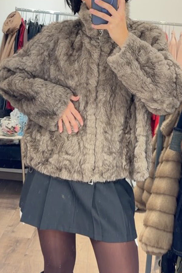 Women Casual Layered Gradient Plush Turtleneck Zipper Jacket