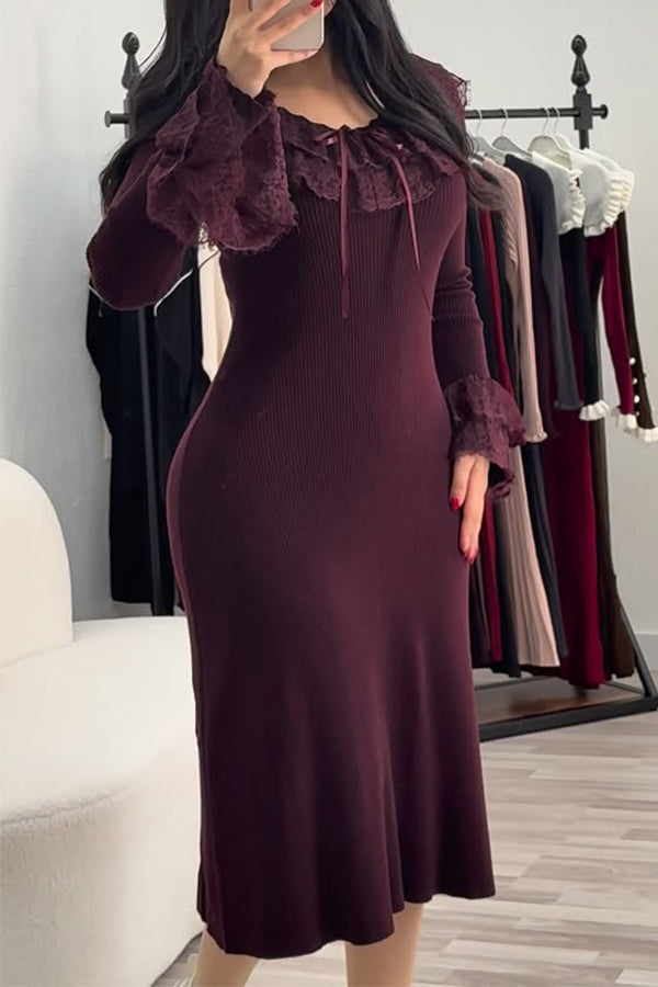 Women Elegant Lace Neckline Bell Sleeve Bow Decorated Knitted Fitted Dress