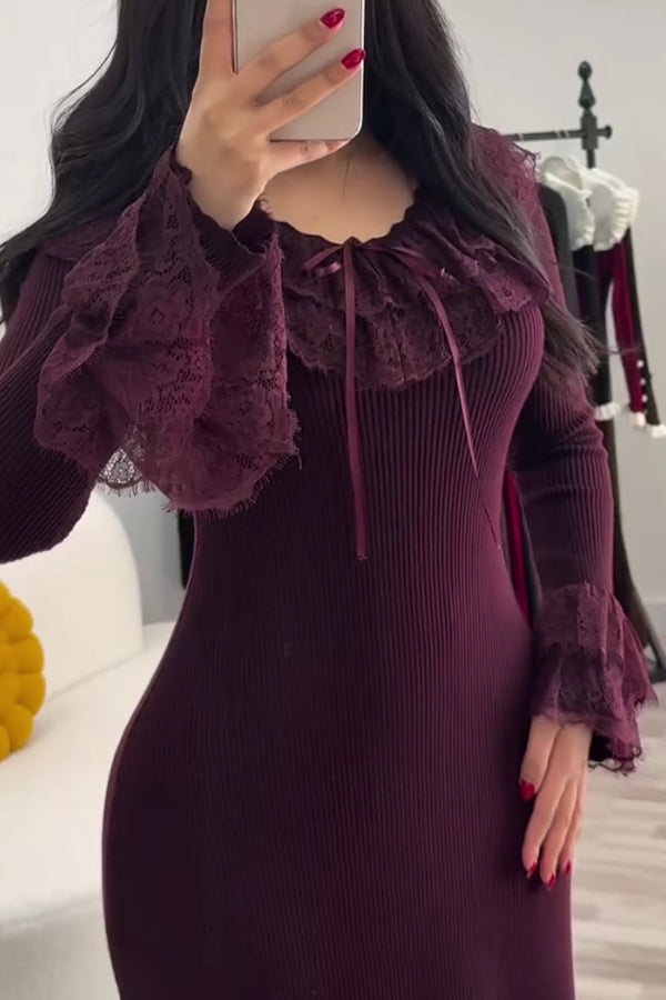 Women Elegant Lace Neckline Bell Sleeve Bow Decorated Knitted Fitted Dress