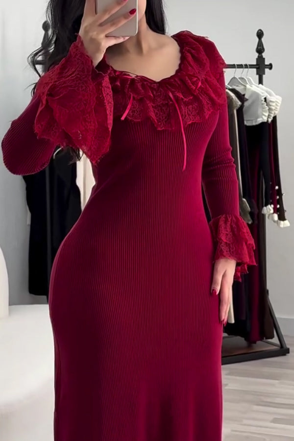 Women Elegant Lace Neckline Bell Sleeve Bow Decorated Knitted Fitted Dress