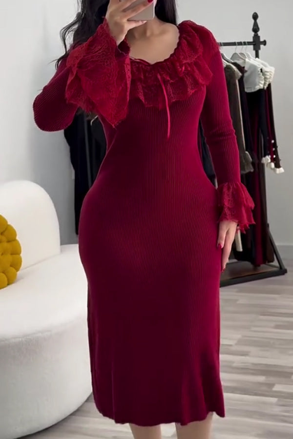 Women Elegant Lace Neckline Bell Sleeve Bow Decorated Knitted Fitted Dress