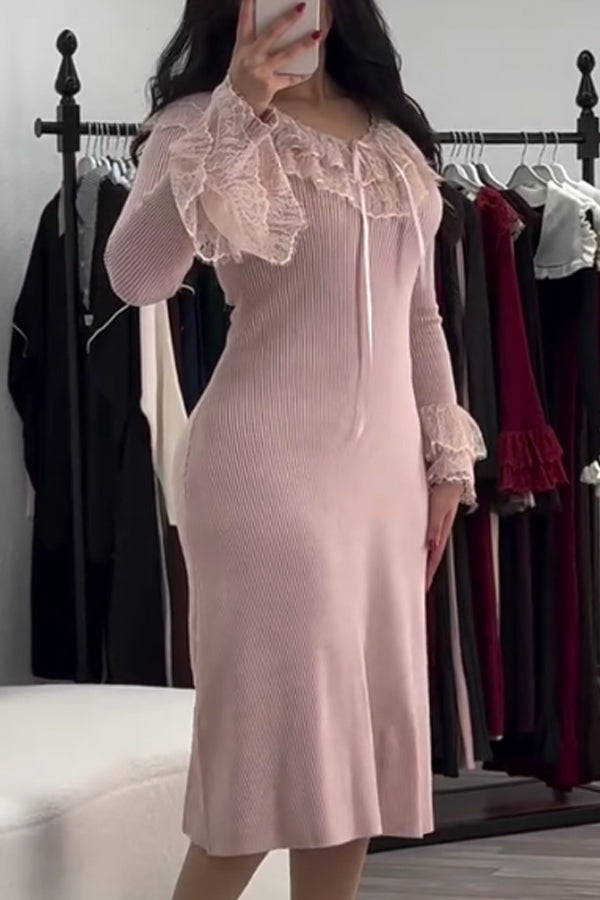 Women Elegant Lace Neckline Bell Sleeve Bow Decorated Knitted Fitted Dress