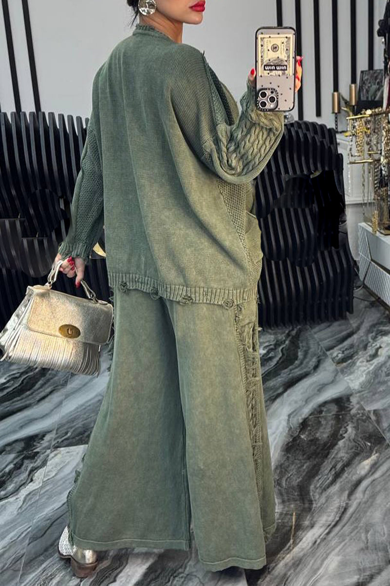 Women Round Neck Splicing Woven Solid Color Casual Suit