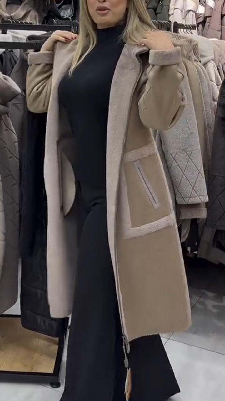 Women Lapel Stitching Casual Plush Coat