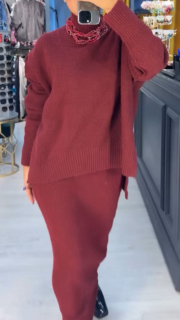 Women Turtleneck Knitted Sweater + Skirt Solid Color Casual Suit