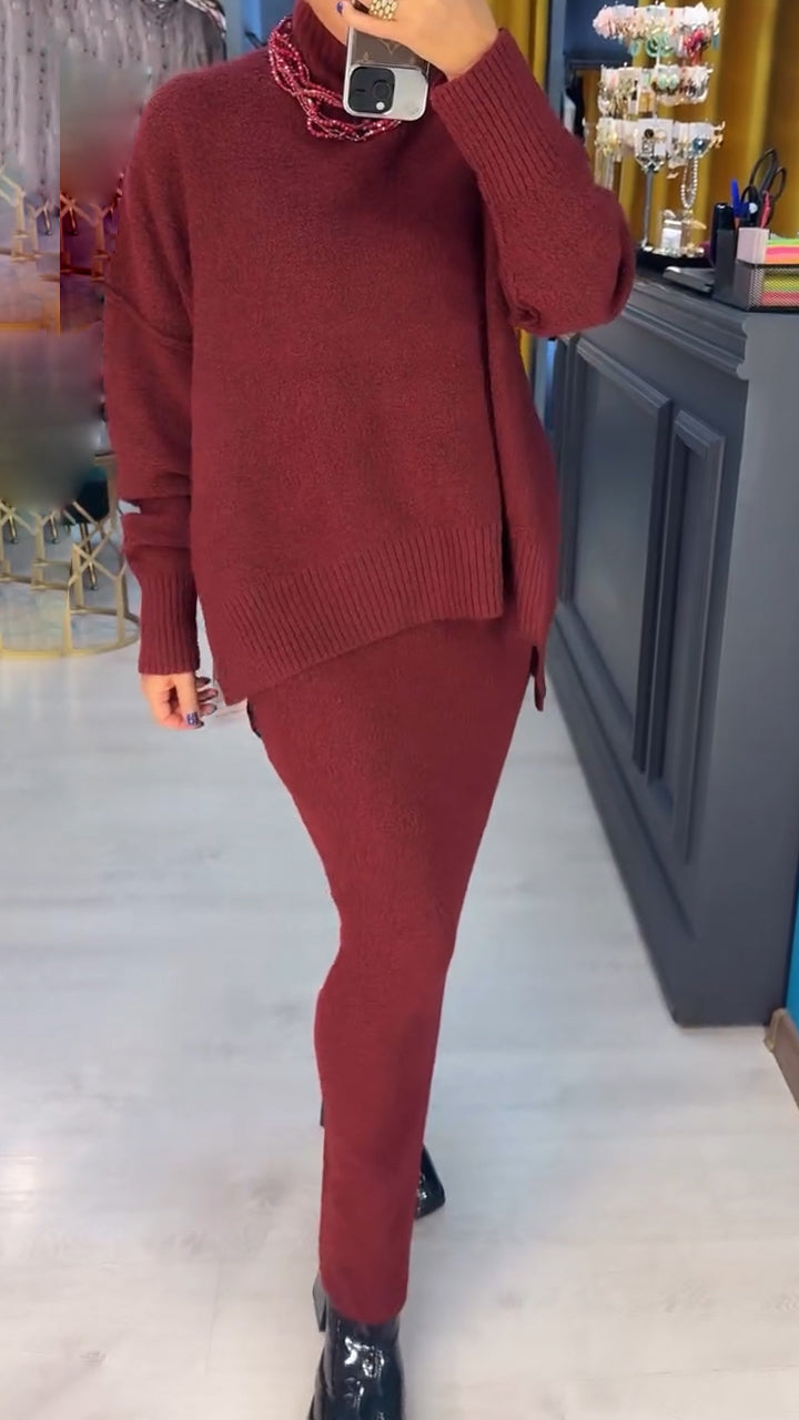 Women Turtleneck Knitted Sweater + Skirt Solid Color Casual Suit