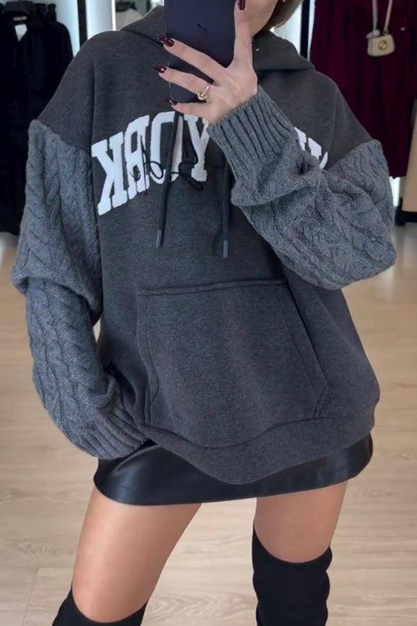 Women Casual Hooded Drawstring Letter Pattern Cable Knit Sleeve Paneled Sweatshirt