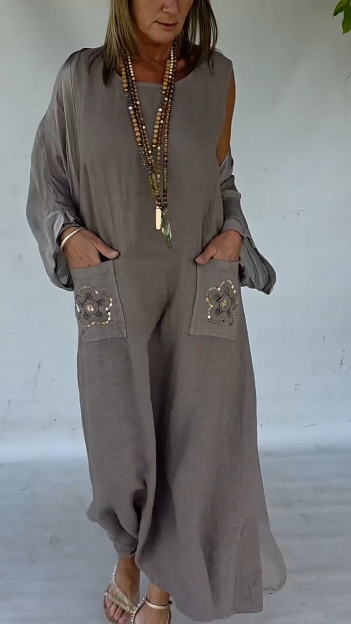 Women Round Neck Spliced Pocket Sequin Printed Casual Dress