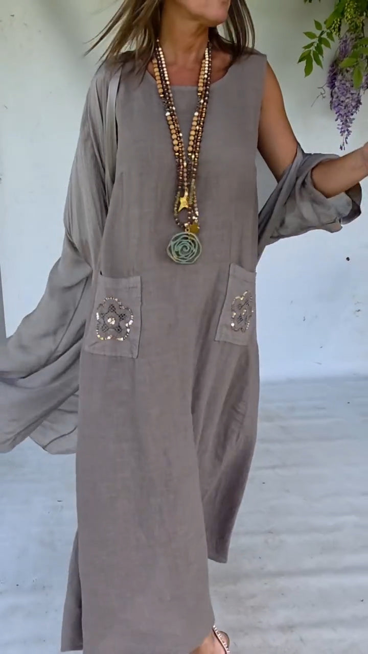 Women Round Neck Spliced Pocket Sequin Printed Casual Dress