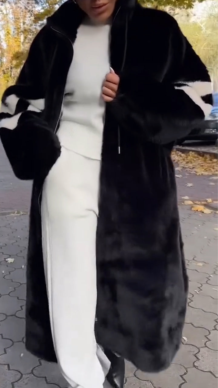 Women Stand Collar Striped Casual Long Plush Coat