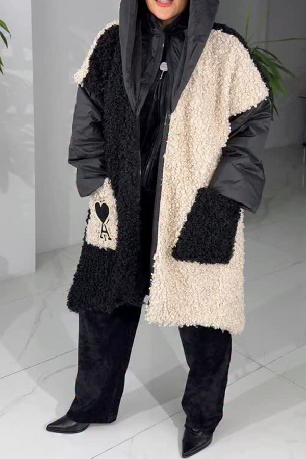 Women Casual Playing Card Pattern Contrast Color Grained Plush Hooded Coat