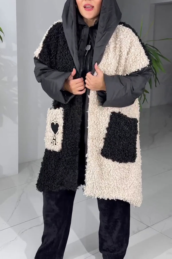 Women Casual Playing Card Pattern Contrast Color Grained Plush Hooded Coat