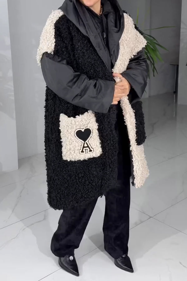 Women Casual Playing Card Pattern Contrast Color Grained Plush Hooded Coat