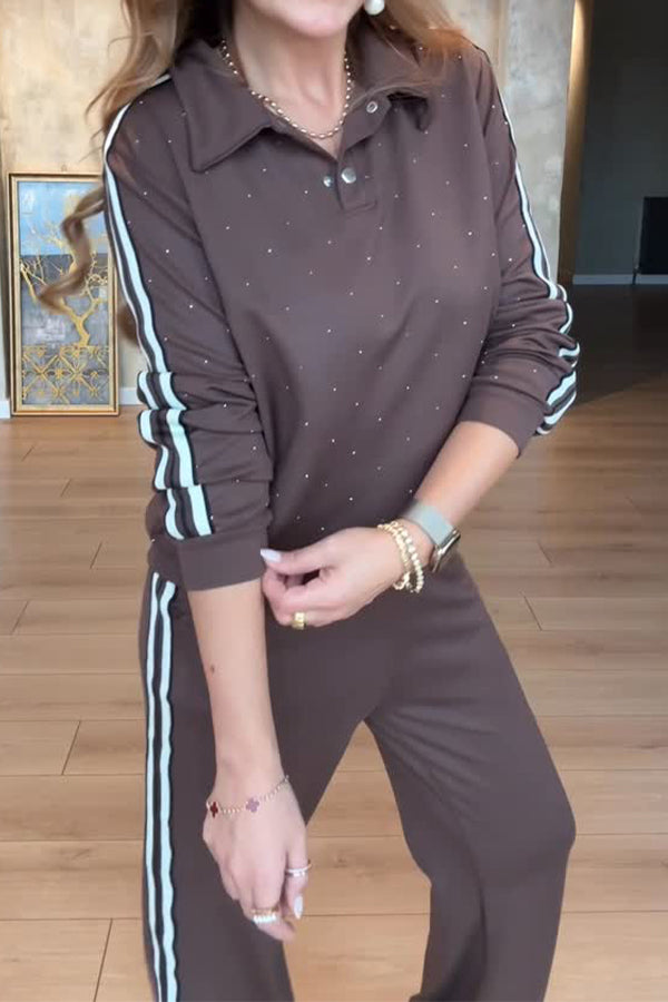 Women Casual Shiny Polka Dot Striped Polo Shirt + Pants Suit