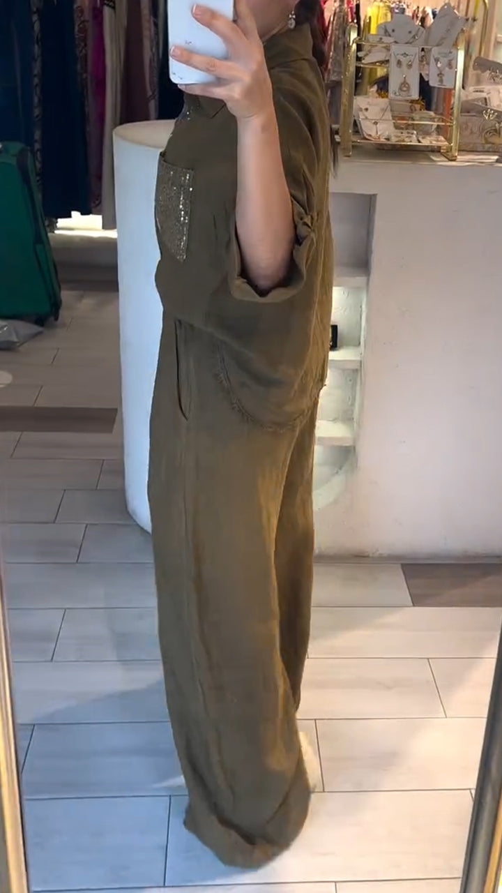 Women Lapel Button-down Sequined Shirt + Pants Casual Suit