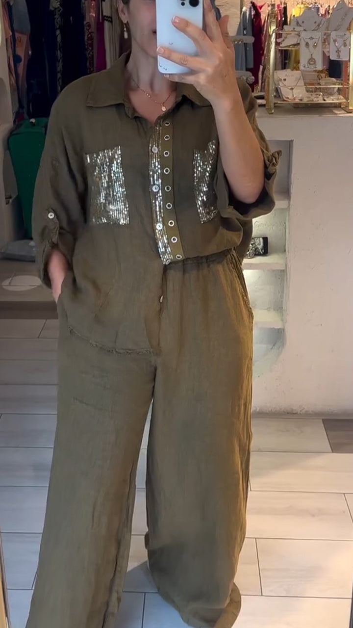 Women Lapel Button-down Sequined Shirt + Pants Casual Suit